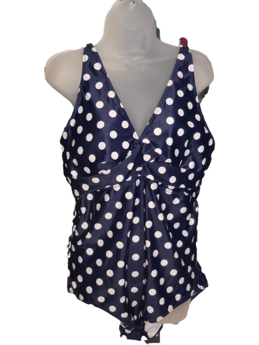 Yonique One Piece Swimwear 20W Navy Polka Dot V-Neck Ruched Adjustable Back Hook